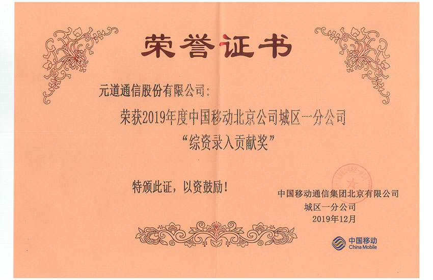 北京移動城區(qū)一分公司-綜資錄入貢獻獎